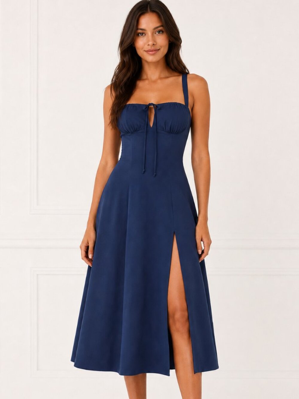 Corset Sweetheart High Slit Navy Midi Dress Large